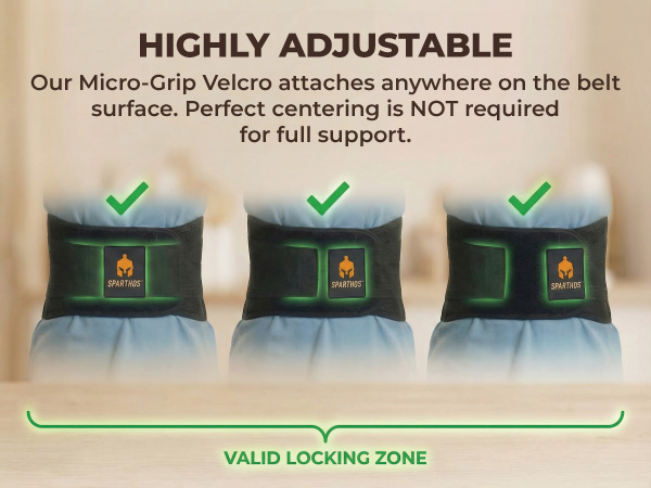 Valid locking zone showing correct velcro overlap for Sparthos adjustable back brace for back pain