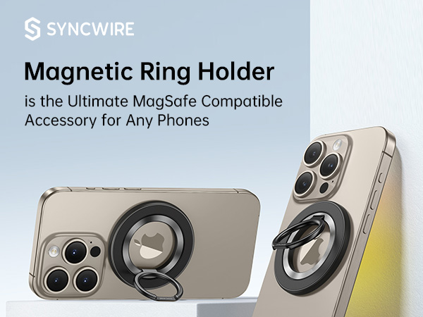 Syncwire Magnetic Ring Holder for phones, compatible with MagSafe. Circular black ring attachment shown on back of smartphone.