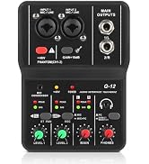 Compact audio mixer with LED indicators, XLR inputs, and multiple control knobs. Features adjustable gain and level controls.