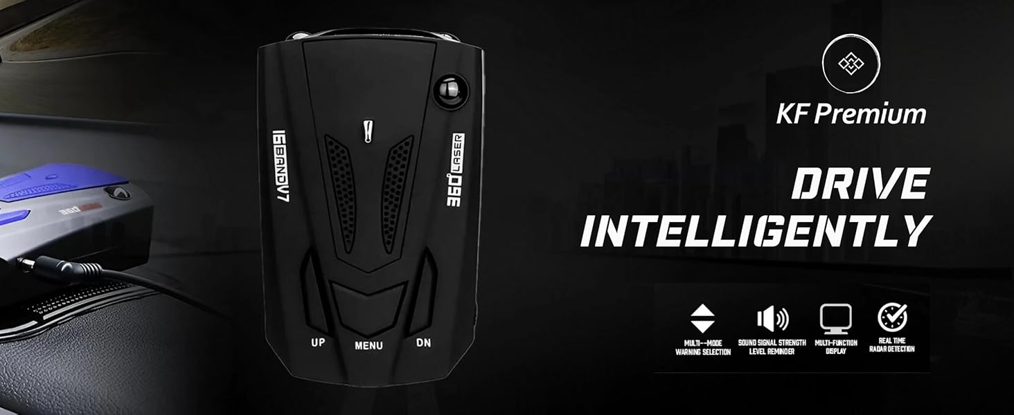 Vehicle radar detector or driver assistance device with digital display and control buttons, showing 'DRIVE INTELLIGENTLY' text and feature icons.