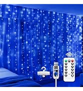 Brightown 300 LED Fairy Curtain Lights, 9.8ft x 9.8ft Blue Curtain String Lights, USB Plug in 8 L...