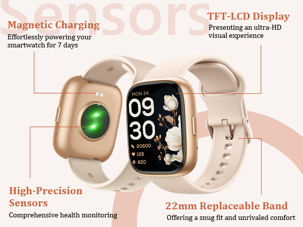 Smartwatch with gold casing and beige strap. Features include magnetic charging, TFT-LCD display, high-precision sensors for health monitoring, and a 22mm replaceable band for comfort.