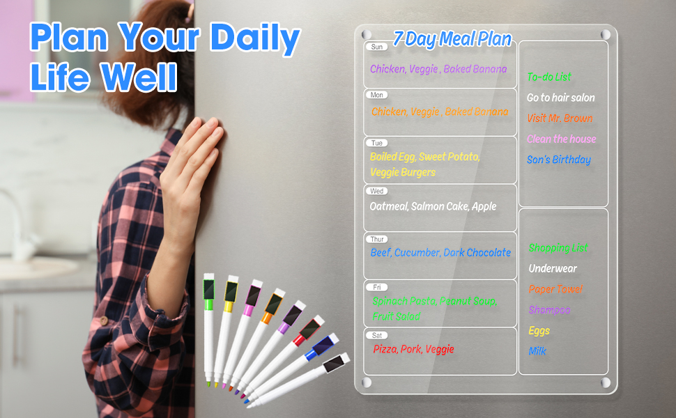 Acrylic Weekly Planner Menu Board for Kitchen Fridge Menu Board