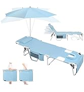 Minndudu Tanning Chair with Umbrella UPF 50+ Adjustable, Heavy Duty Folding Chaise Lounge Outdoor...