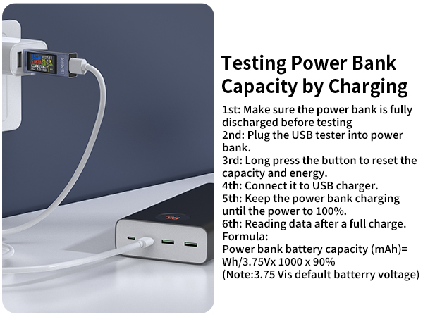 Instructional diagram showing steps for testing power bank capacity, including USB charging connection and formula for calculation.
