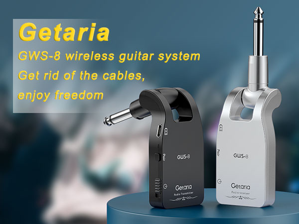 Getaria GWS-8 wireless guitar system with transmitter and receiver units. Black and white devices with 1/4 inch plugs for cable-free guitar playing.