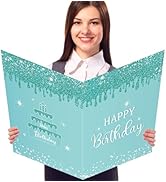 CHUNNIN Jumbo Birthday Guest Book Greeting Cards Teal Silver Large Birthday Gifts Card With Envel...