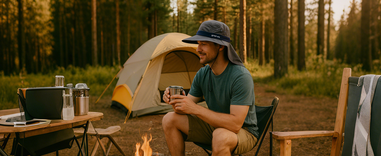Man camping in forest wearing TOP-EX sun hat with neck flap, relaxing by tent and campfire