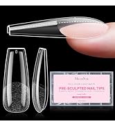 MelodySusie Long Coffin Apex Nail Tips, 15 Sizes 150Pcs | Half Matte Full Cover Clear Acrylic Fak...