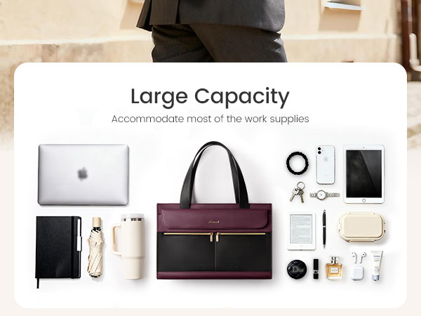 Spacious tote bag with organized compartments fits laptop, tablet, water bottle and daily essentials