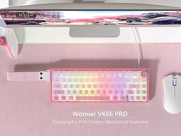 60% Gaming Keyboard Pink, QMK/VIA Creamy Mechanical Keyboard Topographic
