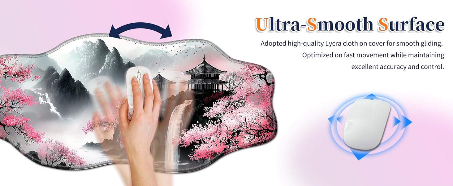 Ultra-smooth Lycra cloth surface of an oriental landscape mouse pad for precise mouse control.
