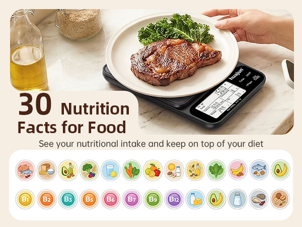 Text reads '30 Nutrition Facts for Food'. Image shows digital food scale on plate with cooked salmon, measuring nutritional content with colorful emoji icons below.