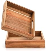 YOUEON Set of 2 Acacia Wood Serving Tray with Handles, 10 x 10 x 2 Inch Wood Tray Acacia Tray, De...