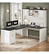 SEDETA Farmhouse L Shaped Desk with Hutch and 3 Drawers, 68.9" Executive Office Desk with File Dr...