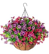 HyeFlora Artificial Faux Hanging Plants Flowers Basket for Spring Summer Outdoor Outside Decorati...