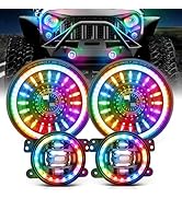 MICTUNING J1 RGB+IC 7-inch LED Headlights with Fog Lights, Multi-color Chasing App Control Compat...
