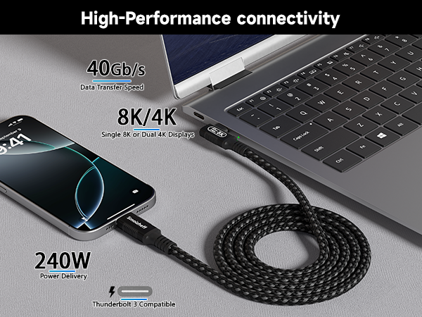 40Gbps data, 8K video, 240W charging—all in one braided Thunderbolt 4 cable.