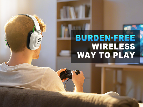 Text reads 'BURDEN-FREE WIRELESS WAY TO PLAY'. Person wearing wireless gaming headset while holding controller, seated on couch facing TV screen.