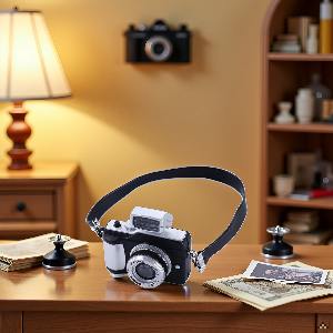 A vintage camera lens and photography equipment on a wooden table.