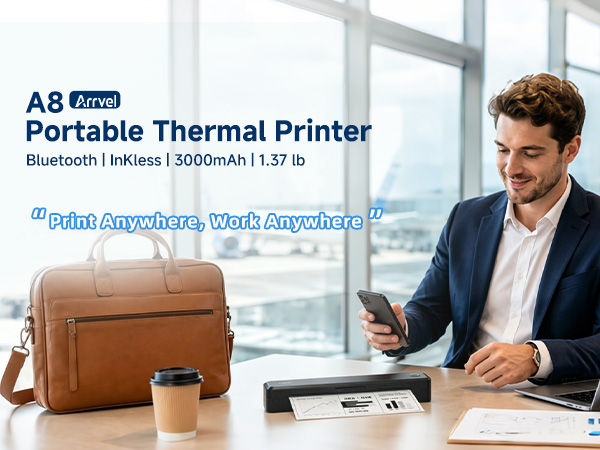Business traveler uses the portable thermal printer with smartphone and laptop in an airport lounge