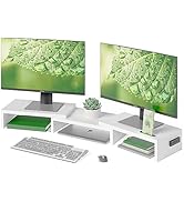 BONTEC Dual Monitor Stand Riser with Smartphone Holder, Adjustable Length &amp; Swivel Angle Wooden D...