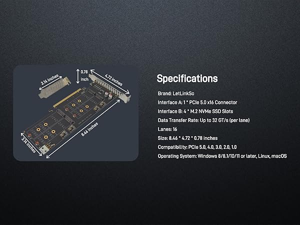 LetLinkSo Gen5 PCIe 5.0 x16 M.2 Expansion Adapter Card 4 Ports NVMe SSDs M Key