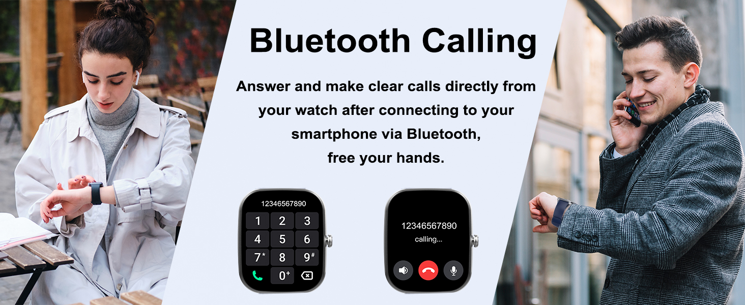Smartwatch with Bluetooth calling feature, showing two watch faces displaying call interface and keypad. Text explains hands-free calling functionality when connected to smartphone.
