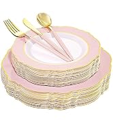 WDF 30Guest Pink Plates Disposable - Hign-end Baroque Design - Gold Plastic Silverware with Handl...