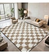 4x6 Checkered Area Rugs for Bedroom, Fluffy Beige and White Checkered Rug Fuzzy Shag Shaggy Carpe...