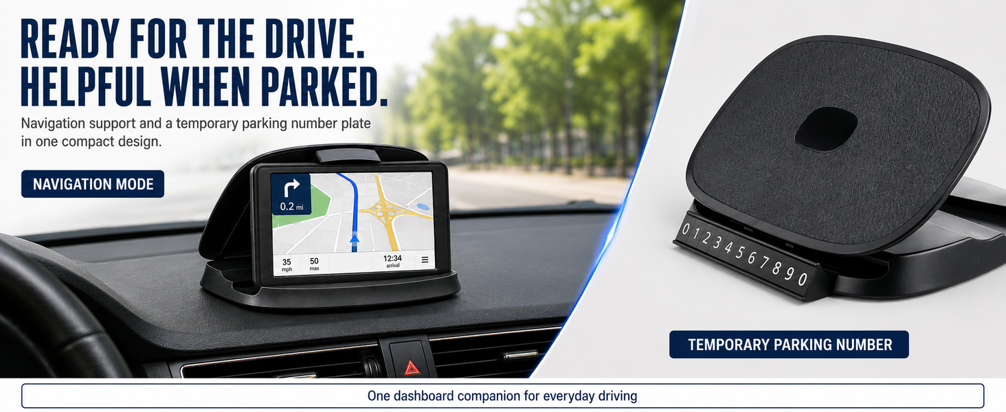 Car phone holder with temporary parking number plate, dash GPS stand and everyday navigation mount