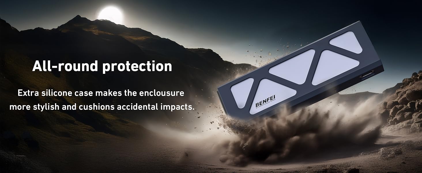 Black portable device with triangular white panels, marketed as having all-round protection. Extra silicone case for style and impact cushioning. Shown against dramatic desert landscape.