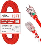 HONDERSON 15 FT 12/3 Lighted Outdoor Extension Cord - 12 Gauge 3 Prong SJTW Heavy Duty Neon Red E...