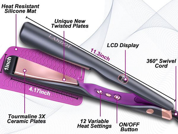 Text reads 'LCD Display', 'Heat Settings', 'ON/OFF Button', 'Heat Resistant Silicone Mat'. Technical diagram of a hair styling tool showing labeled features and controls.