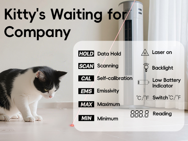 Text reads: 'Kitty's Waiting for Company' with status indicators: 'HOLD Data Hold, SCAN Scanning, ACL Self-calibration, PACE Emissivity, MED Medium, MIN Minimum' and icons for laser, backlight, and battery status.