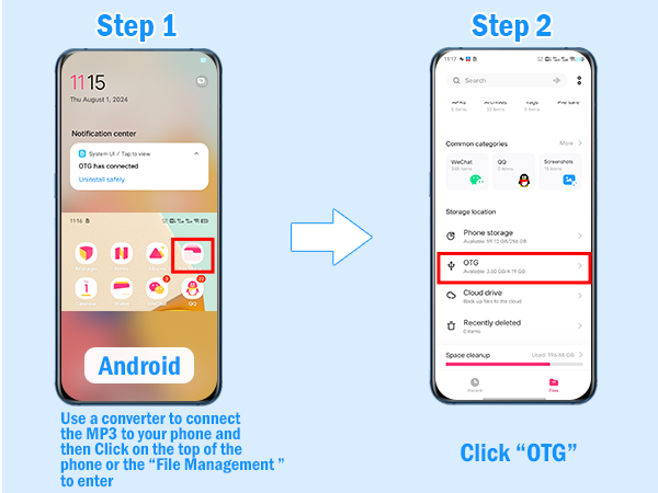 The OTG cable transfers songs from the phone to the mini music player