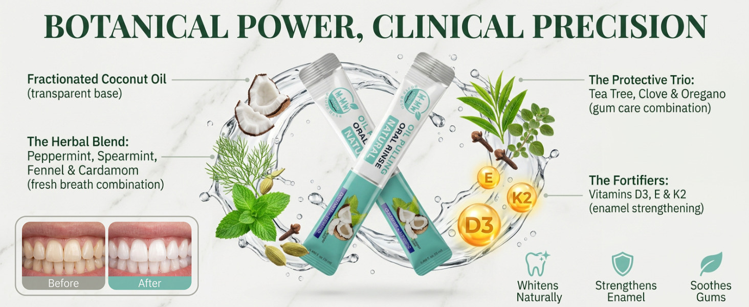 M-MW Natural Oil Pulling Rinse: Whitens teeth, strengthens enamel, and soothes gums.