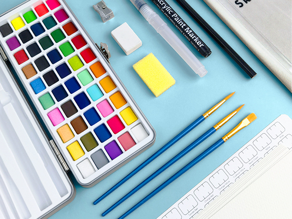 50 colors watercolor paint set travel portable metal box metallic fluorescent paint brush