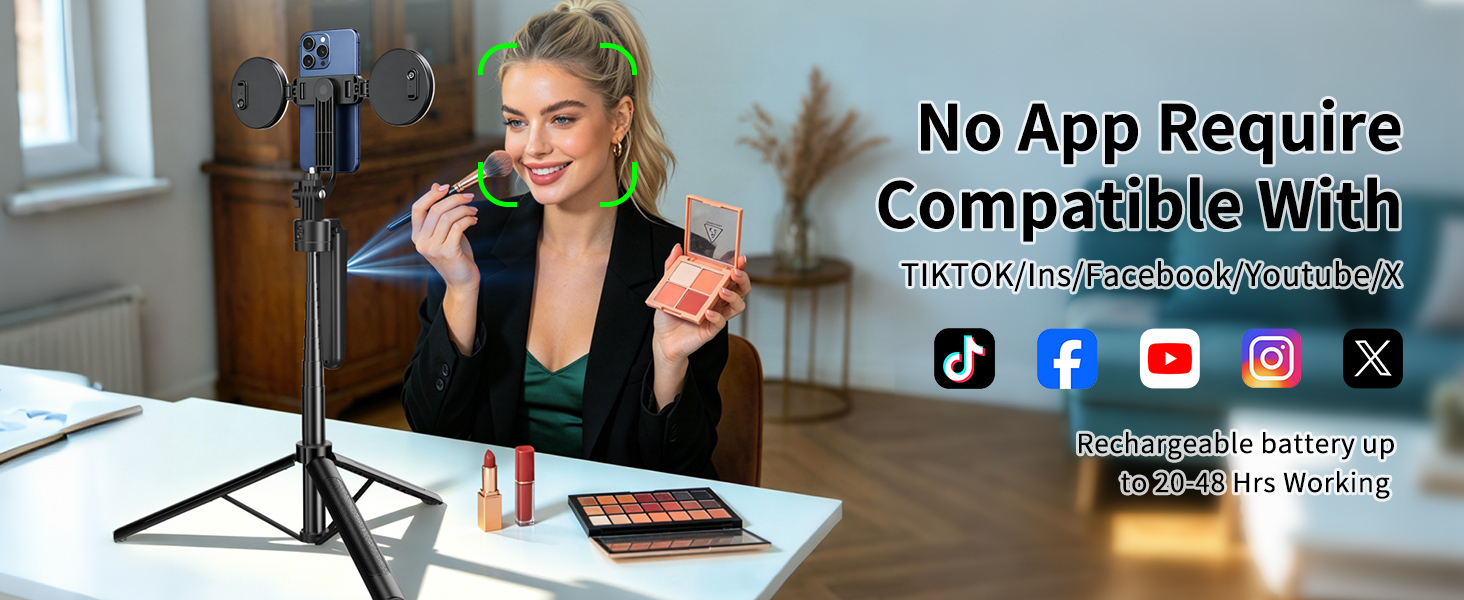 Text reads 'No App Require Compatible With' with social media icons. Woman at desk with microphone, headphones, and phone demonstrating audio recording setup.
