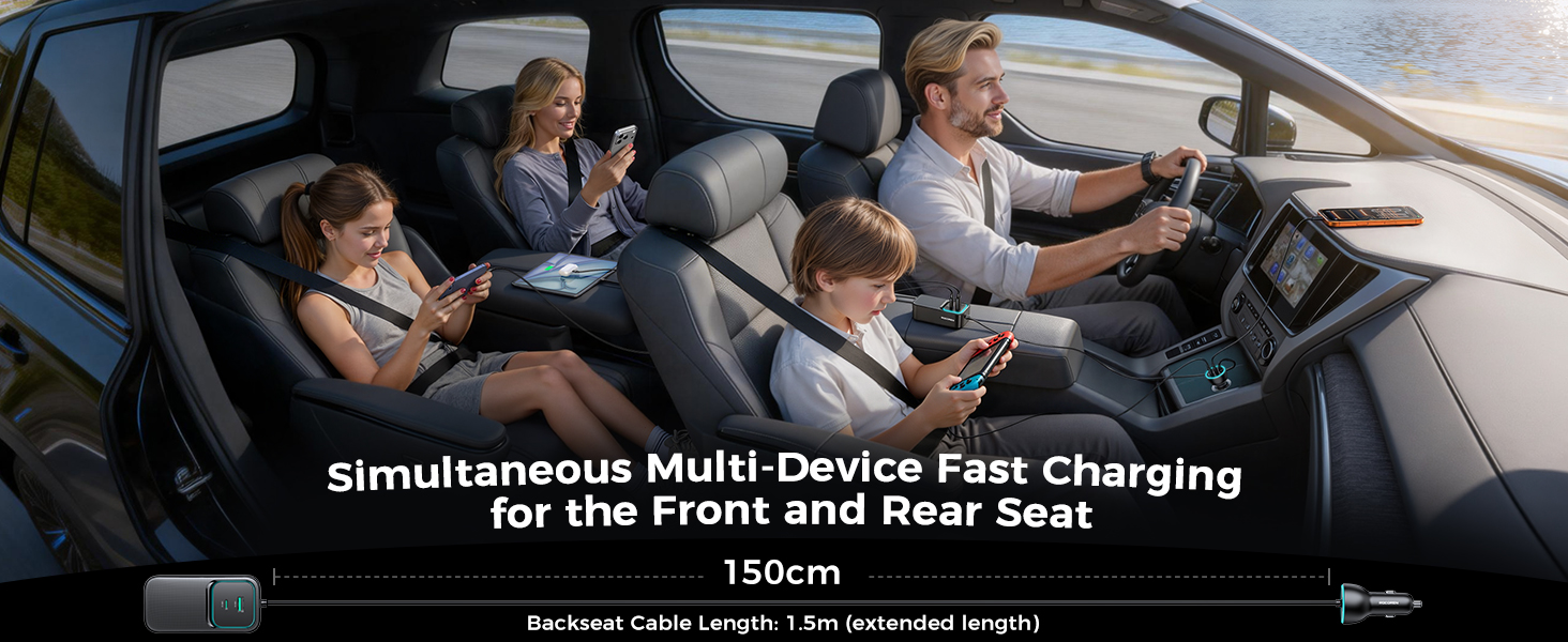 Text reads 'Simultaneous Multi-Device Fast Charging' and 'for the Front and rear seat'. Car interior showing charging setup with multiple devices connected.