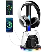 JDGPOKOO PS5 Controller Charging Station with RGB Headphone Stand, PS5 Controller Charger Holder ...