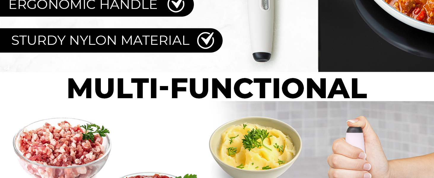 Kitchen meat chopper with soft grip handle and thumb rest for comfortable one-hand use.