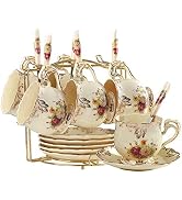 YOLIFE Flowering Shrubs Tea Cups and Saucers Set of 6, Ivory Ceramic Floral Tea Cups Set with Gol...