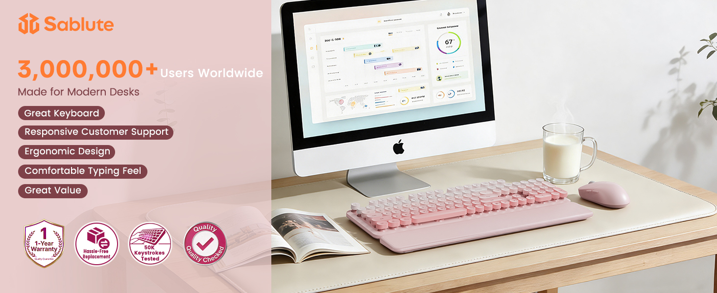 Pink wireless keyboard mouse combo with wrist rest on modern desk setup comfortable typing feel