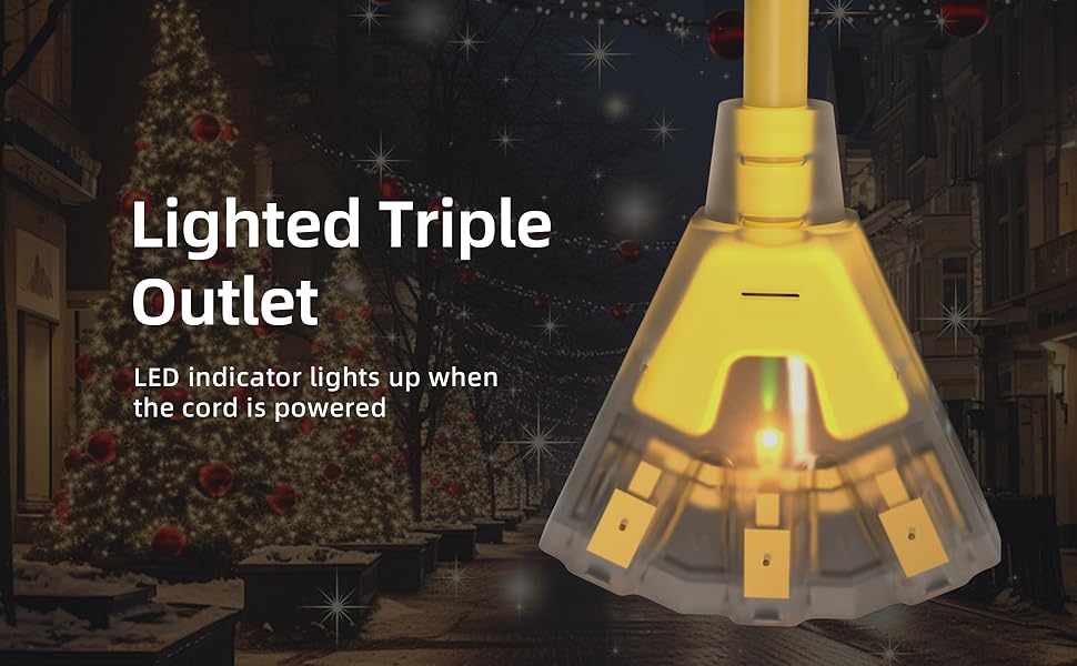 Lighted Triple Outlet LED indicator lights up when the cord is powered