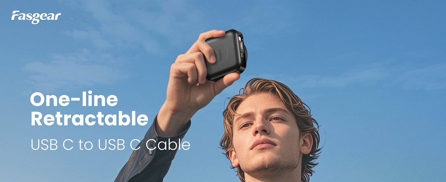 Fasgear one-line retractable USB-C to USB-C cable product shown against blue sky background.