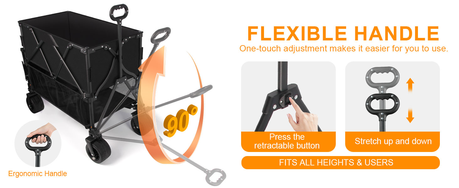 Adjustable ergonomic handle for double decker wagon with 90 degree tilt and telescoping height