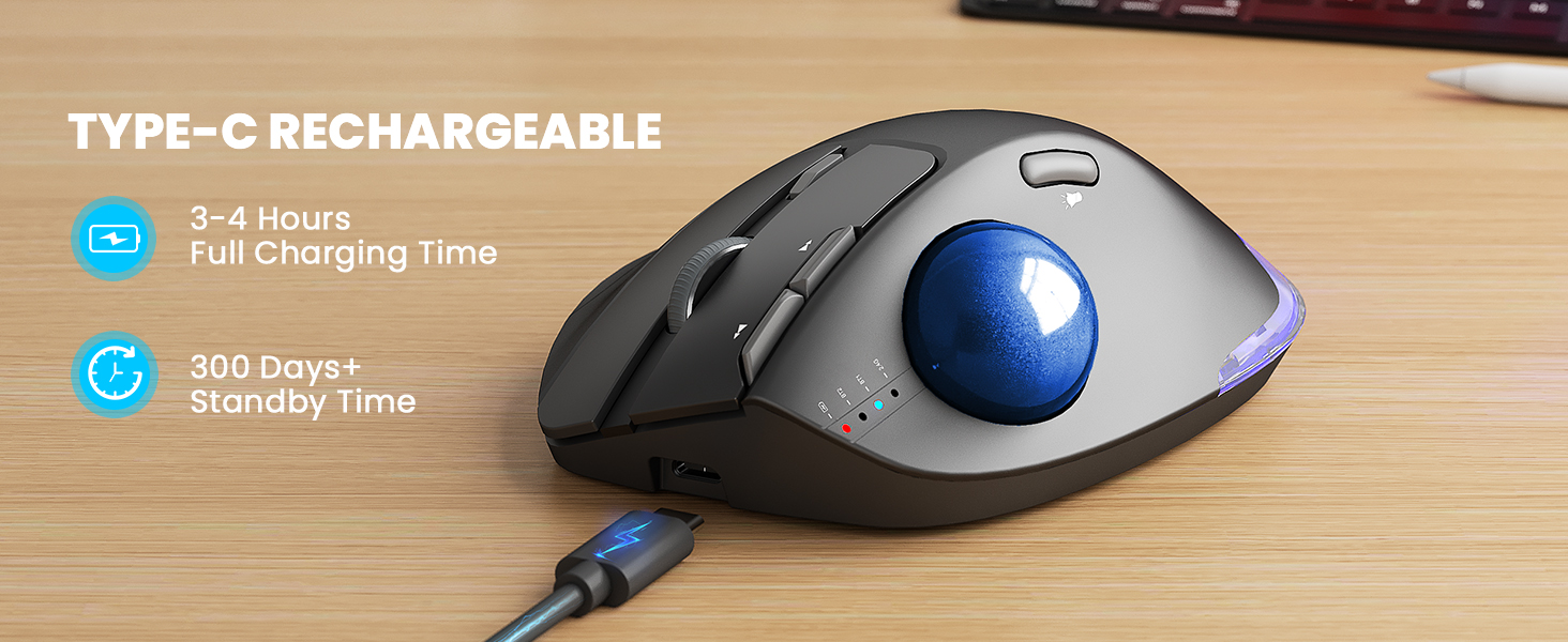 Wireless Trackball Mouse, Ergonomic Bluetooth Rechargeable Computer Mouse-Blue Ball