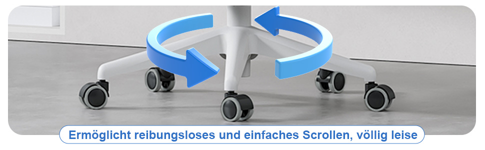 Close-up of office chair base with wheels. Blue arrows indicate smooth, quiet rolling motion.