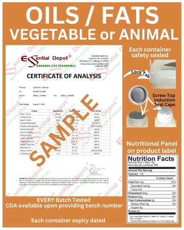 Oils and Fats COAs available safety seals batch tested nutrition panel use by date on each label